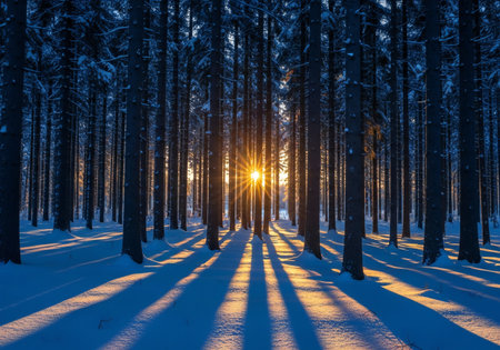 Sunset in the winter forest. The sun's rays pass through the trees.の写真素材