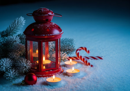 Christmas lantern with burning candles and fir branches on snow. Christmas background.の写真素材