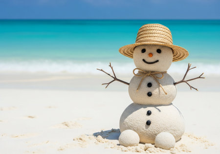 Snowman on the beach with blue sky and white sand background.の写真素材