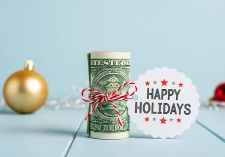 Happy Holidays concept with money and greeting card on blue background.の写真素材