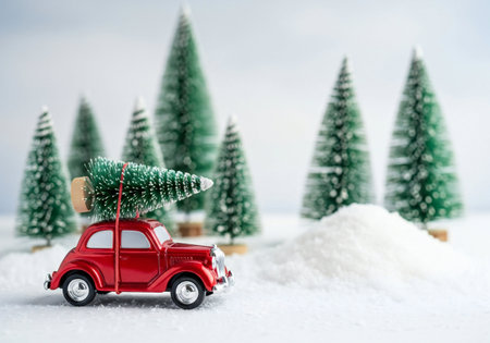 Miniature red toy car carrying christmas tree on snow with fir trees in the backgroundの写真素材