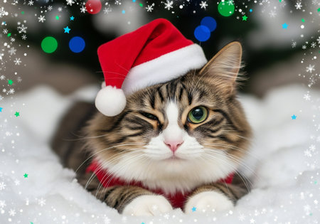 Cute cat in santa hat on snow with christmas tree backgroundの写真素材