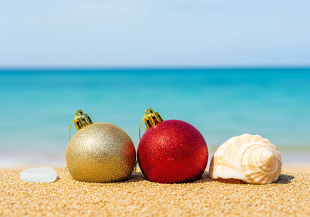 Christmas balls on the sand with seashells in the background.の写真素材