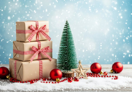 Christmas gift boxes with christmas tree and decoration on wooden table.の写真素材