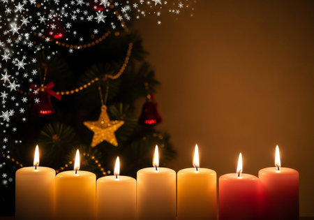 Christmas background with candles and Christmas tree. Copy space for text.の写真素材