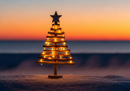 Christmas tree on the background of the sunset. Christmas and New Year backgroundの写真素材