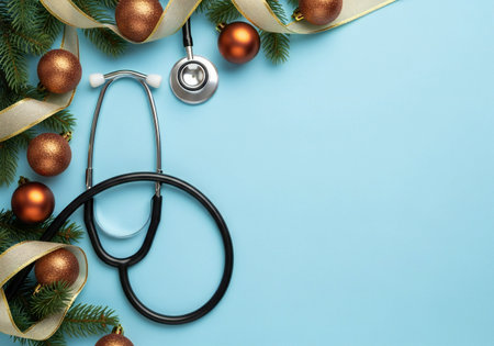 Stethoscope and christmas ornaments on blue background.の写真素材