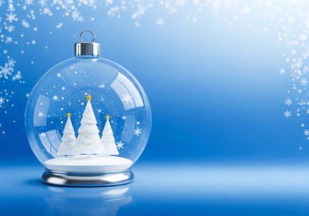 Christmas snow globe with christmas tree and snowflakes on blue backgroundの写真素材