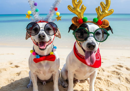 Two dogs wearing christmas ornaments and sunglasses on the beachの写真素材