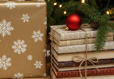 Christmas and New Year holidays background. Stack of books with christmas decorations.の写真素材