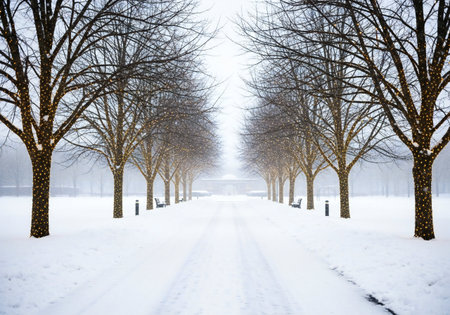 Winter road through the snow-covered trees in the city park.の写真素材