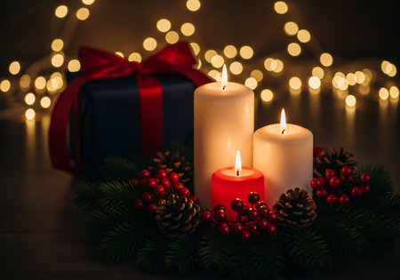 Christmas and New Year background with burning candles, fir branches, gift box and bokeh lightsの写真素材