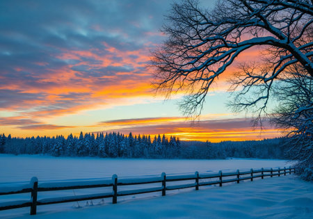 Beautiful winter landscape with wooden fence and snow covered trees at sunsetの写真素材