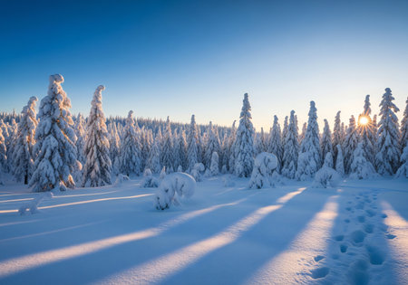 Beautiful winter landscape with snow covered fir trees in the mountains.の写真素材