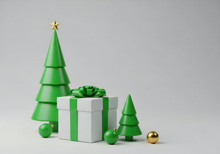 Christmas tree and gift box on a white background. 3d rendering.の写真素材