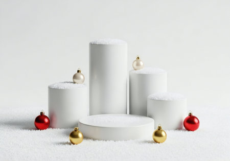 Christmas podiums with baubles on white background. 3d renderの写真素材