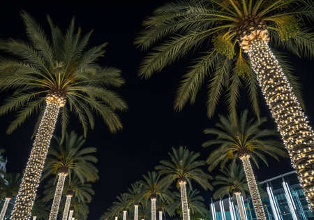 Palm trees at night in Dubai, United Arab Emirates, Middle Eastの写真素材