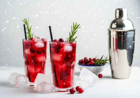 Cranberry cocktail with ice and rosemary on a white backgroundの写真素材