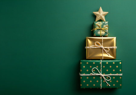 Christmas tree made of gift boxes on green background with copy space.の写真素材