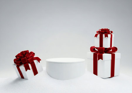 White gift boxes with red ribbons on white background. 3d renderの写真素材