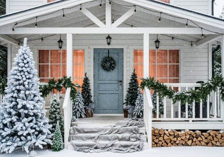 Snow covered porch and front door of a wooden house with Christmas treeの写真素材