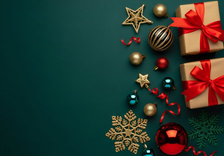 Christmas or New Year background with gifts and decorations. Flat lay, top view.の写真素材