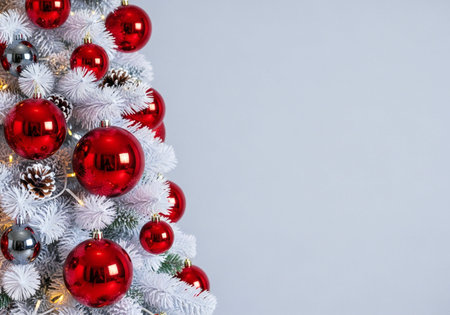 Christmas tree with red and silver balls on white background. Copy space.の写真素材