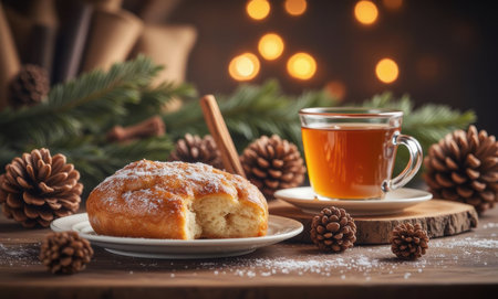 Cup of tea with sweet cake on a wooden table with Christmas decorationsの写真素材