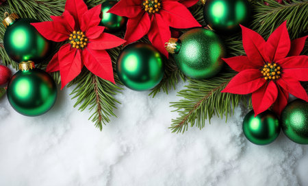 Christmas decoration with poinsettia and fir tree on snow backgroundの写真素材