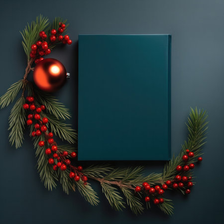 Christmas greeting card with christmas decorations on dark blue background. Top view with copy space. Flat lay.の写真素材