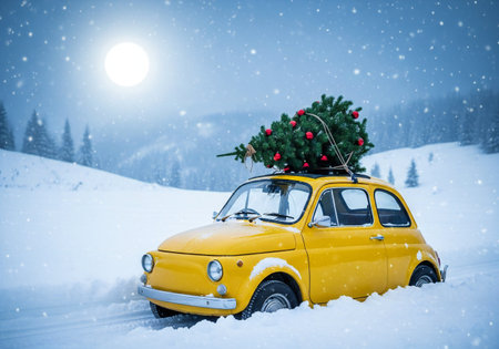 Vintage car with christmas tree on roof against winter landscape.の写真素材