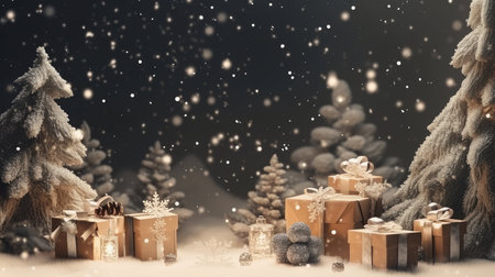 Christmas background with presents and fir tree. 3D rendering. Toned.の写真素材