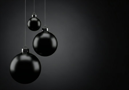 Black christmas baubles hanging on black background. 3D renderingの写真素材