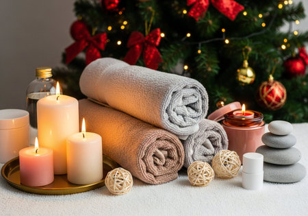Spa still life with towels, candles, candles and christmas treeの写真素材