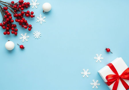 Christmas composition. Gifts, red berries and white snowflakes on blue background. Flat lay, top view, copy spaceの写真素材