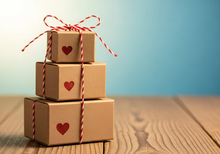 Gift boxes with red hearts on a wooden background. Valentine's Day.の写真素材