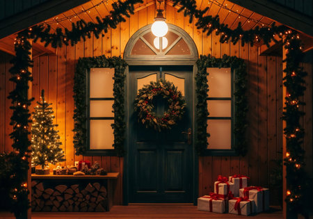 Wooden door with christmas wreath and gifts on the porchの写真素材