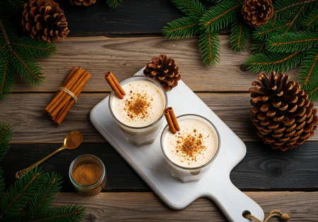 Eggnog garnished with cinnamon and nutmeg on wooden backgroundの写真素材