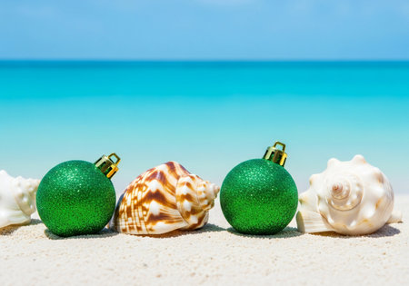 Christmas ornaments on the beach with turquoise sea backgroundの写真素材