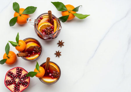 Mulled wine with oranges, pomegranate and spices on white marble backgroundの写真素材