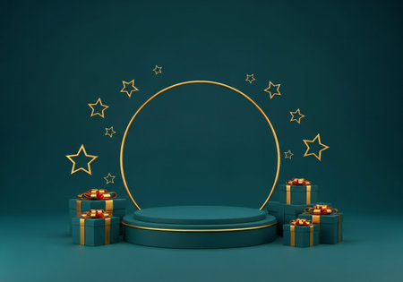 Podium and lighting, Stage Podium Scene with for Award Ceremony on blue Background, 3d renderの写真素材