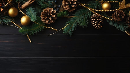 Christmas background with fir branches, golden baubles and cones on black wooden tableの写真素材