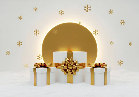 White gift boxes with golden bow in snow. 3D rendering.の写真素材