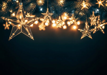 Christmas background with golden stars and bokeh lights. Space for text.の写真素材