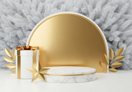 3d render of golden podium and gift box on white marble backgroundの写真素材