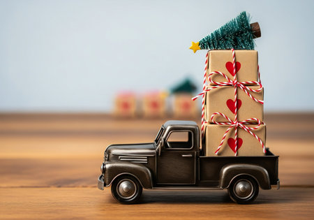 Truck with christmas gift boxes on wooden table. Christmas conceptの写真素材