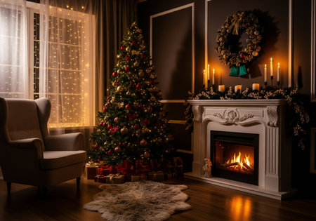 Christmas tree and fireplace in the living room at night. Christmas backgroundの写真素材