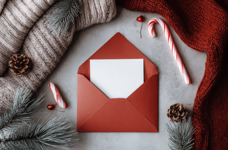 Christmas greeting card mockup. Top view, flat lay, copy spaceの写真素材