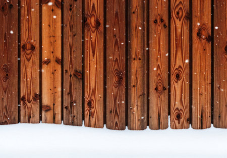 Wooden fence with snow and snowflakes. Winter background.の写真素材