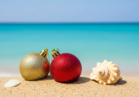 Christmas balls and seashells on the beach. Holiday concept.の写真素材
